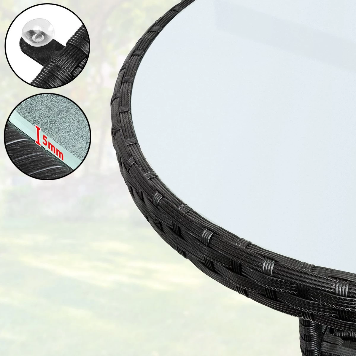 Casaria Polyrattan Bijzettafel 80cm Rond - 5mm Veiligheidsglas – Zwart - Afbeelding 7