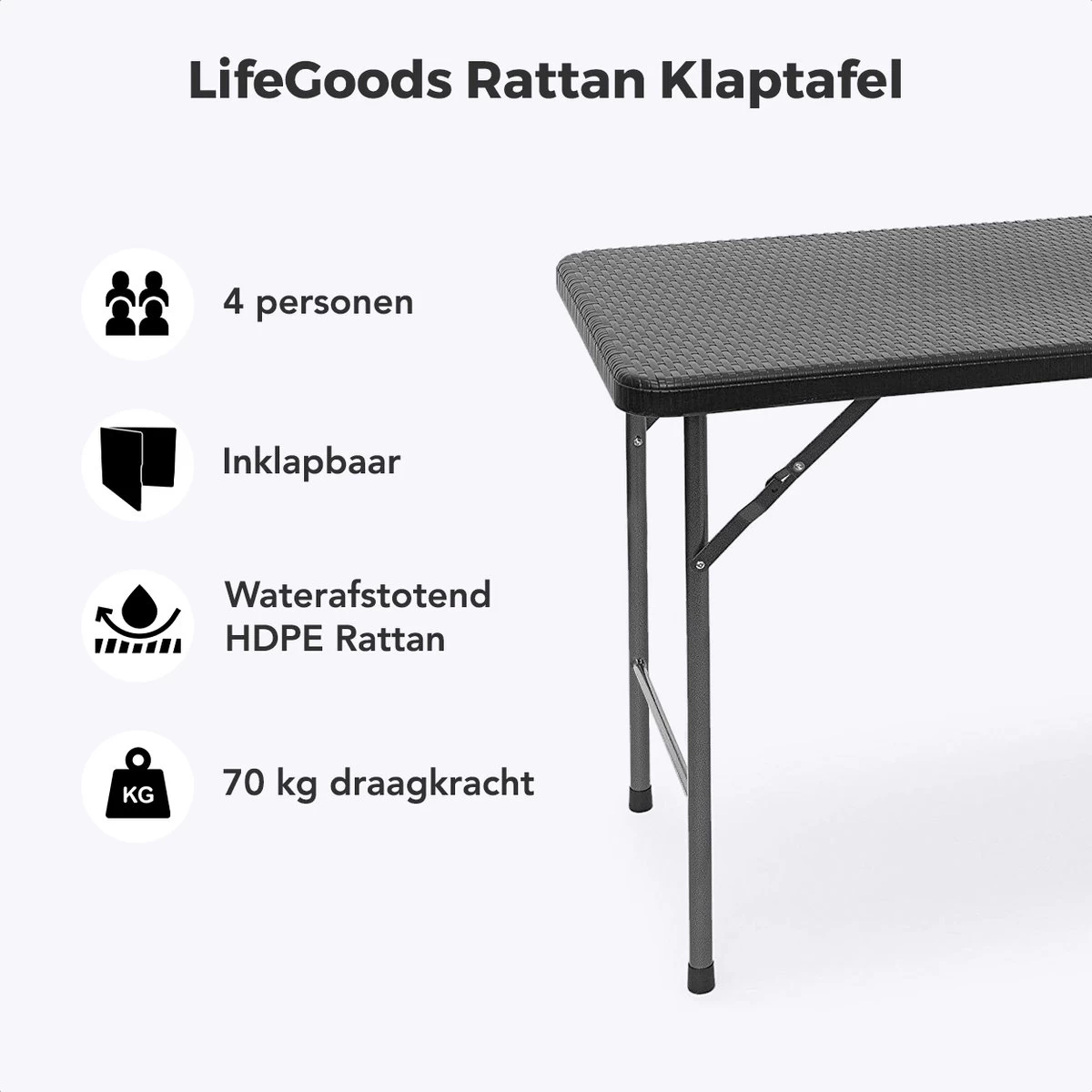 LifeGoods Klaptafel - Inklapbaar - 120 Cm - 4 Personen - Zwart - Afbeelding 2