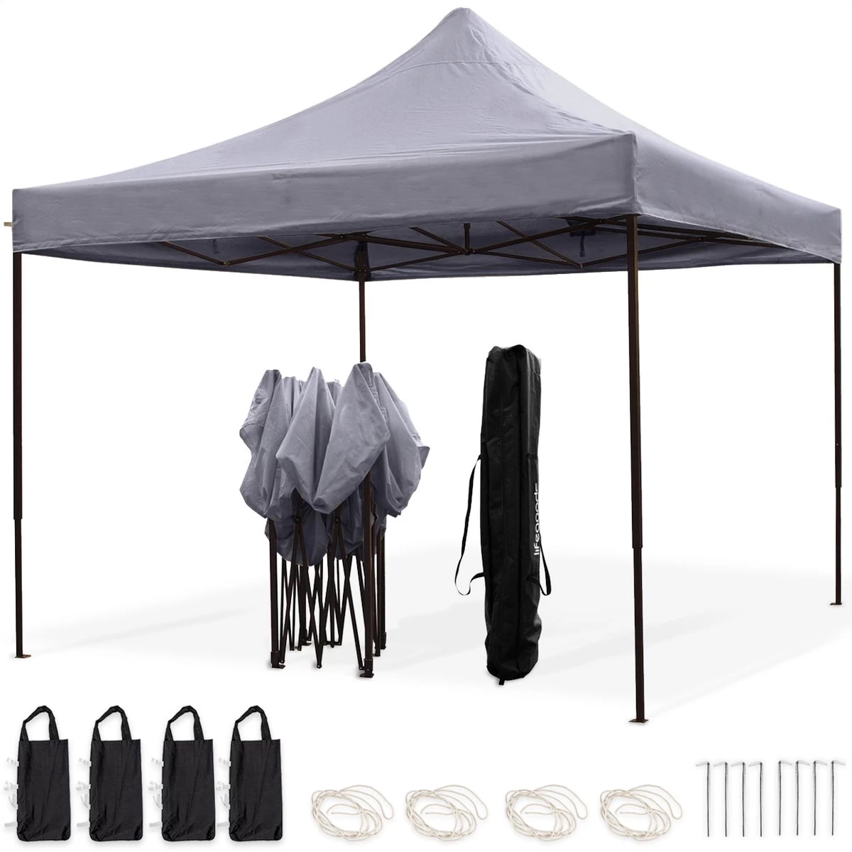 LifeGoods Partytent - 3x3 M - Easy Up - Opvouwbaar - Waterdicht - Draagtas Met Wieltjes - Donkergrijs