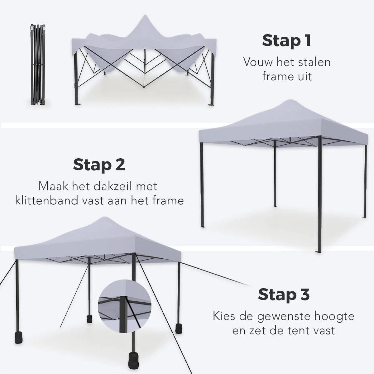 LifeGoods Partytent - 3x3 M - Easy Up - Opvouwbaar - Waterdicht - Draagtas Met Wieltjes - Donkergrijs - Afbeelding 8