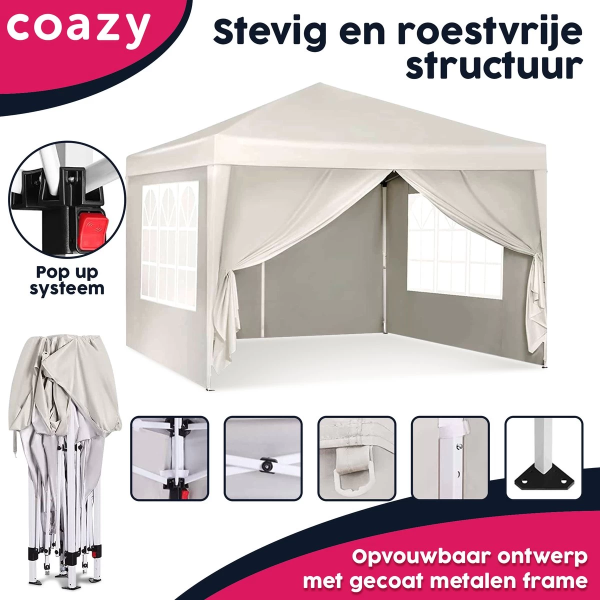 Waterdichte Partytent 3x3 Meter Opvouwbaar Met Zijwanden- Paviljoen Met Zijpanelen - Easy Up - Pop-up Tent Met Haringen, Touw En Anti Slip Poten - Afbeelding 2