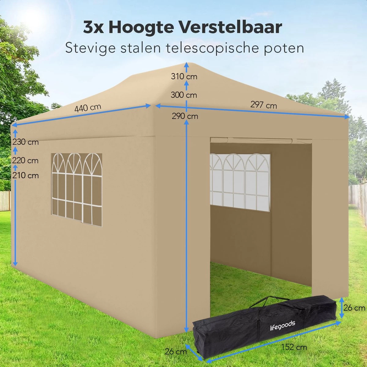 LifeGoods Partytent - 3x4.5 M - Zijwanden - Easy Up - Opvouwbaar - Waterdicht - Draagtas Met Wieltjes - Beige - Afbeelding 5