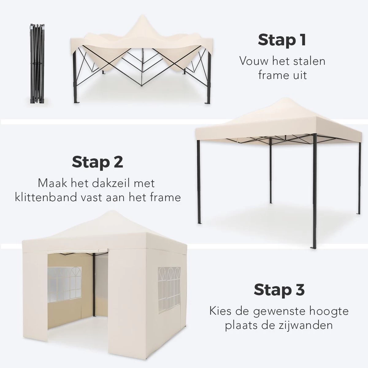 LifeGoods Partytent - 3x3 M - Zijwanden - Easy Up - Opvouwbaar - Waterdicht - Draagtas Met Wieltjes - Beige - Afbeelding 4