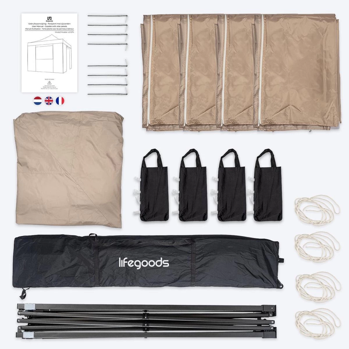 LifeGoods Partytent - 3x3 M - Zijwanden - Easy Up - Opvouwbaar - Waterdicht - Draagtas Met Wieltjes - Beige - Afbeelding 11