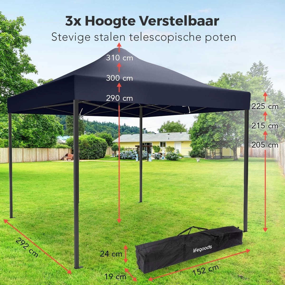 LifeGoods Partytent - 3x3 M - Easy Up - Opvouwbaar - Waterdicht - Draagtas Met Wieltjes - Donkerblauw - Afbeelding 2
