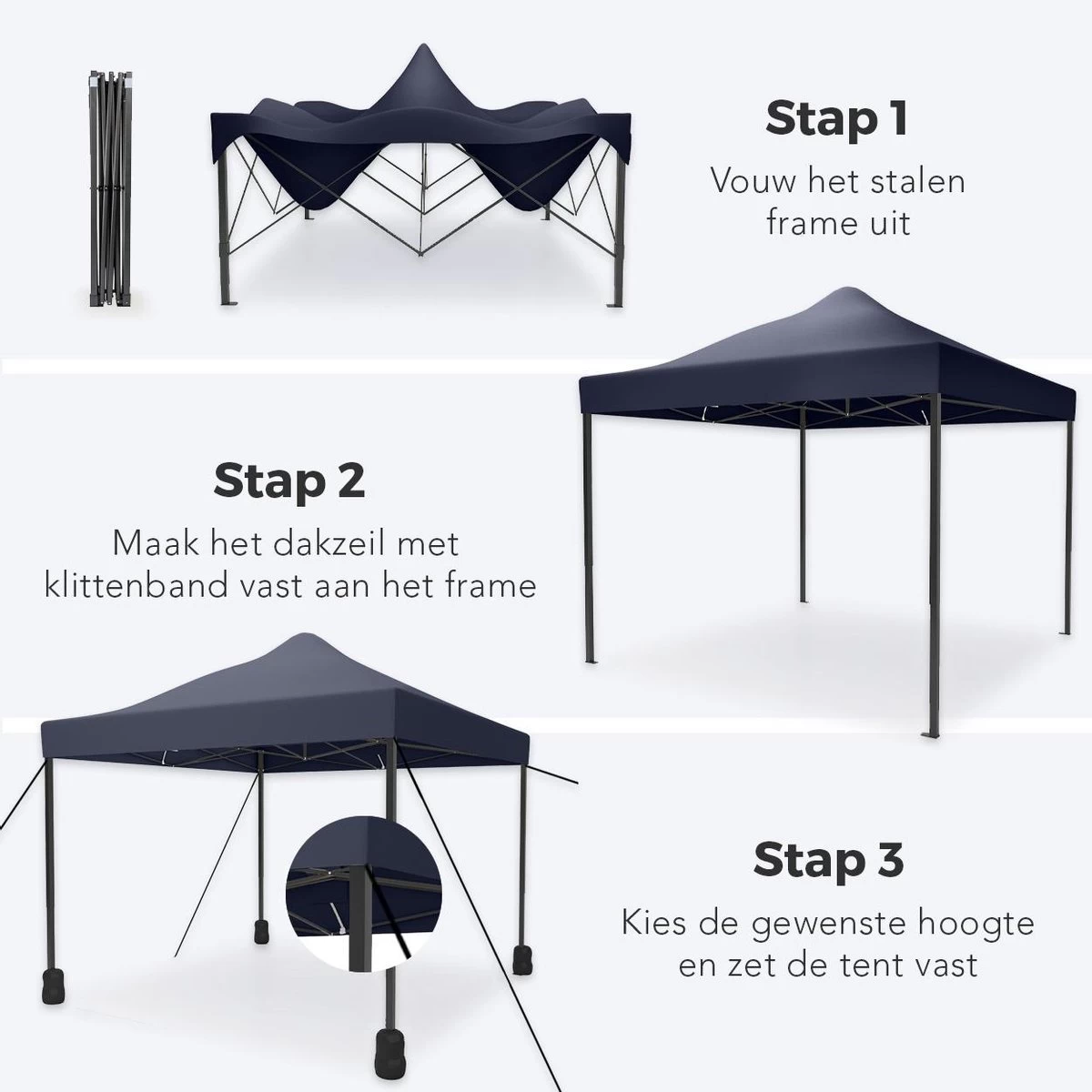 LifeGoods Partytent - 3x3 M - Easy Up - Opvouwbaar - Waterdicht - Draagtas Met Wieltjes - Donkerblauw - Afbeelding 10