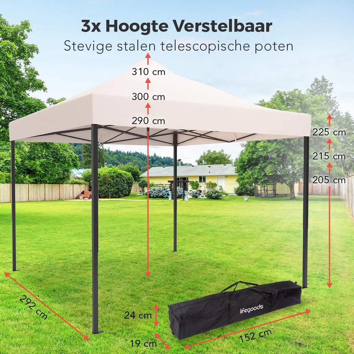 LifeGoods Partytent - 3x3 M - Easy Up - Opvouwbaar - Waterdicht - Draagtas Met Wieltjes - Beige - Afbeelding 2