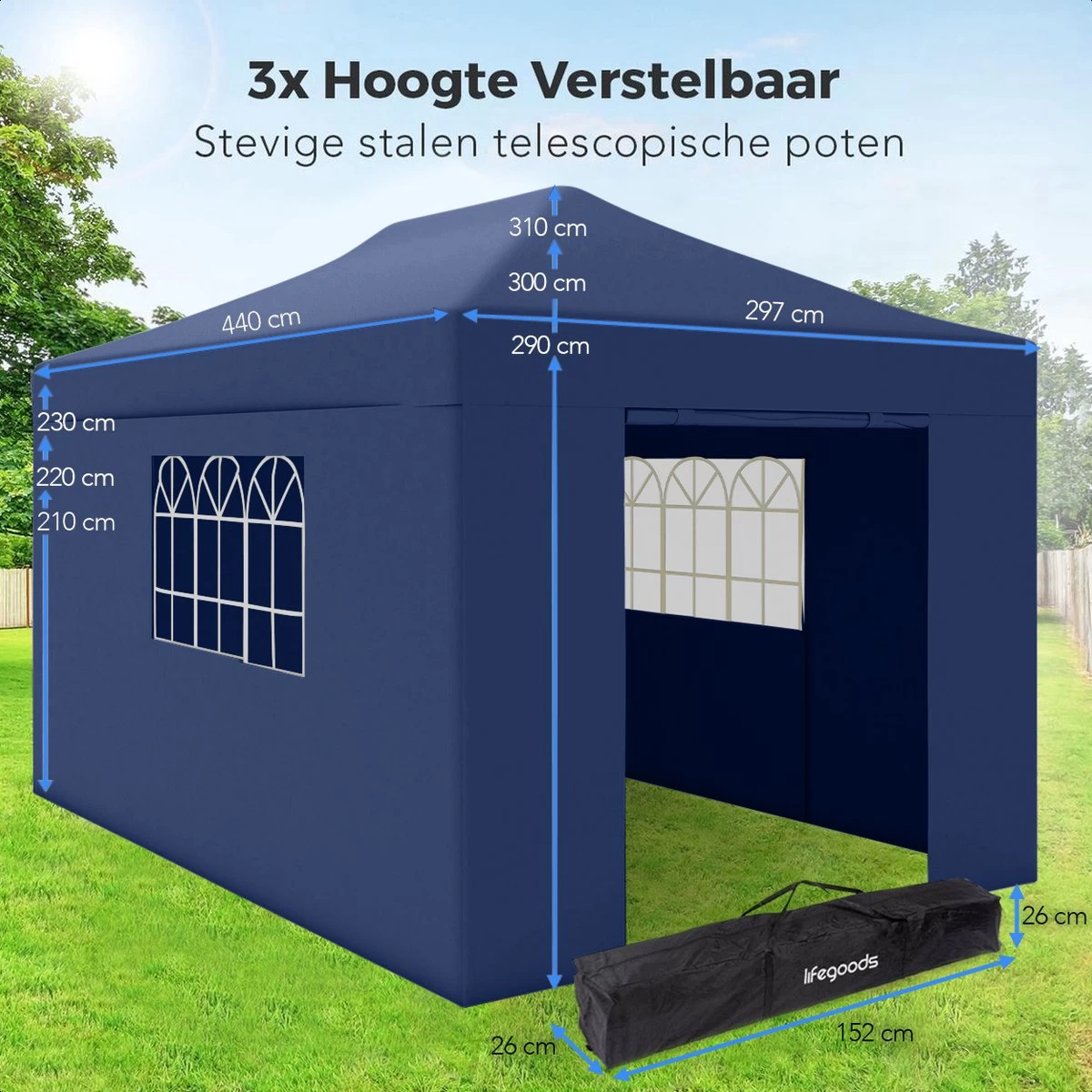 LifeGoods Partytent - 3x4.5 M - Zijwanden - Easy Up - Opvouwbaar - Waterdicht - Draagtas Met Wieltjes - Donkerblauw - Afbeelding 5