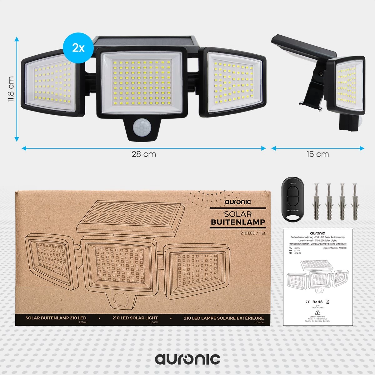 Auronic Buitenlamp - Zonne-energie - Bewegingssensor - 210 LED's Wandlamp - Tuinverlichting - IP65 - Zwart - 2 Stuks - Afbeelding 10