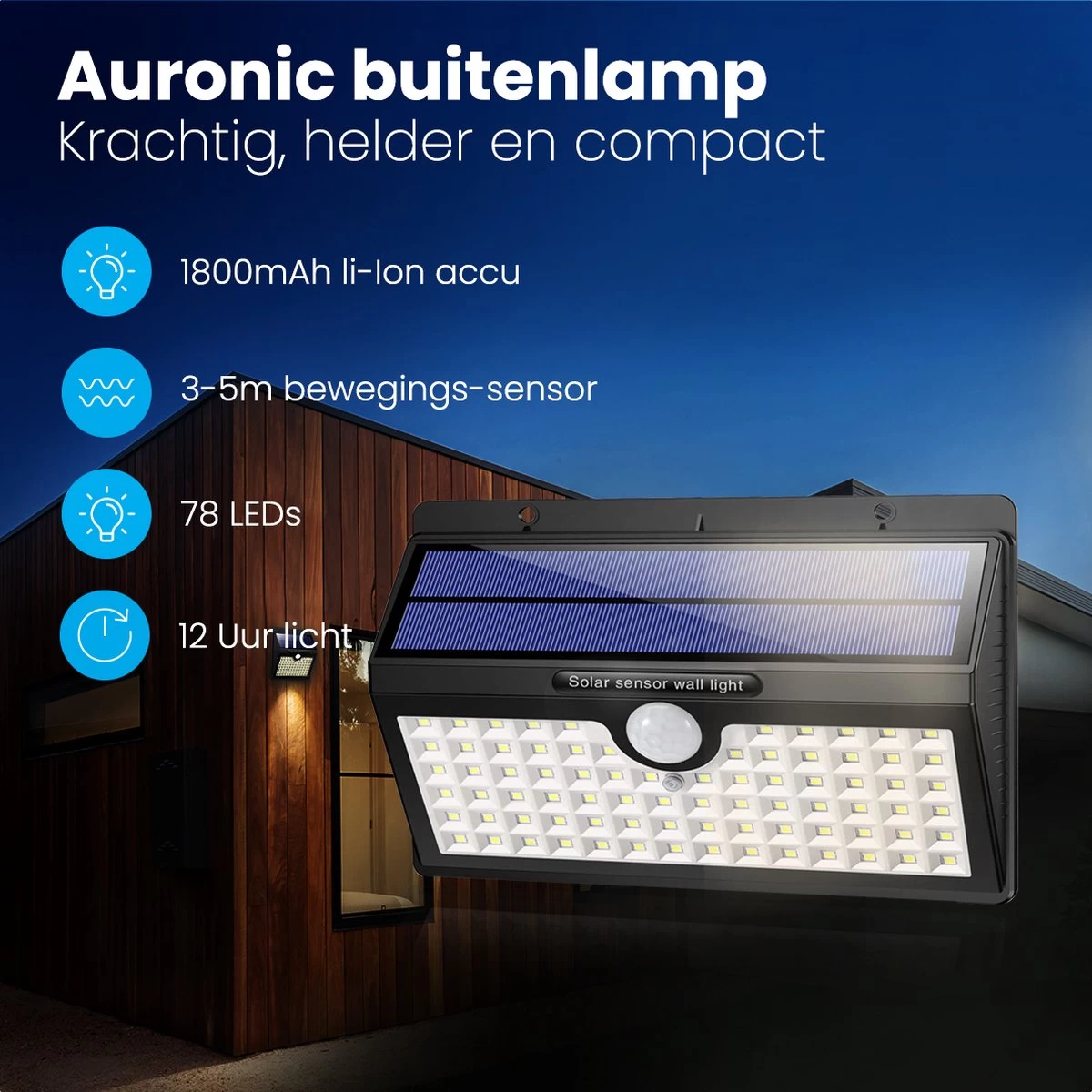 Auronic Buitenlamp - Zonne-energie - 2 Stuks - Bewegingssensor - 78 LED's - Wandlamp - IP65 - Zwart - Afbeelding 2