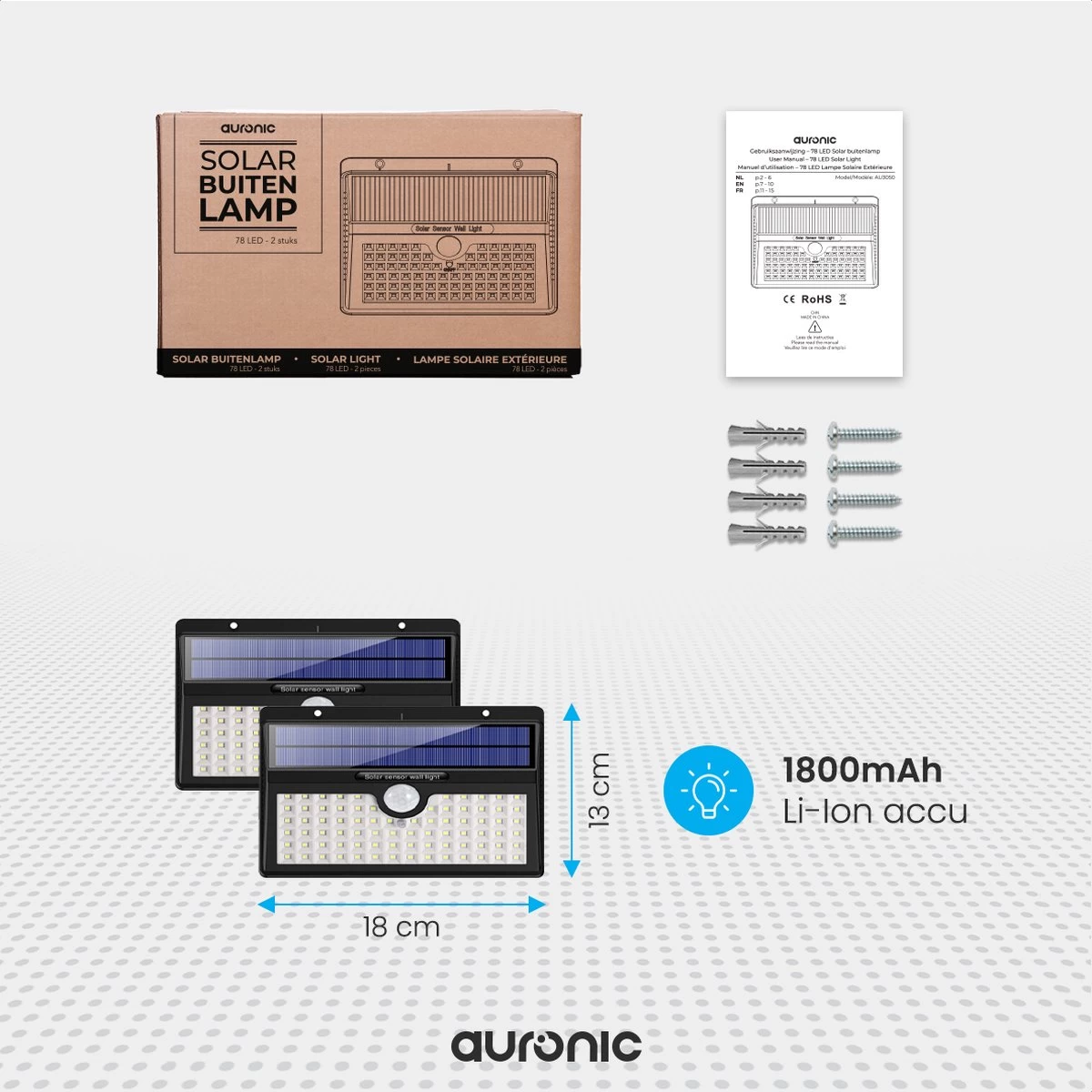 Auronic Buitenlamp - Zonne-energie - 2 Stuks - Bewegingssensor - 78 LED's - Wandlamp - IP65 - Zwart - Afbeelding 5