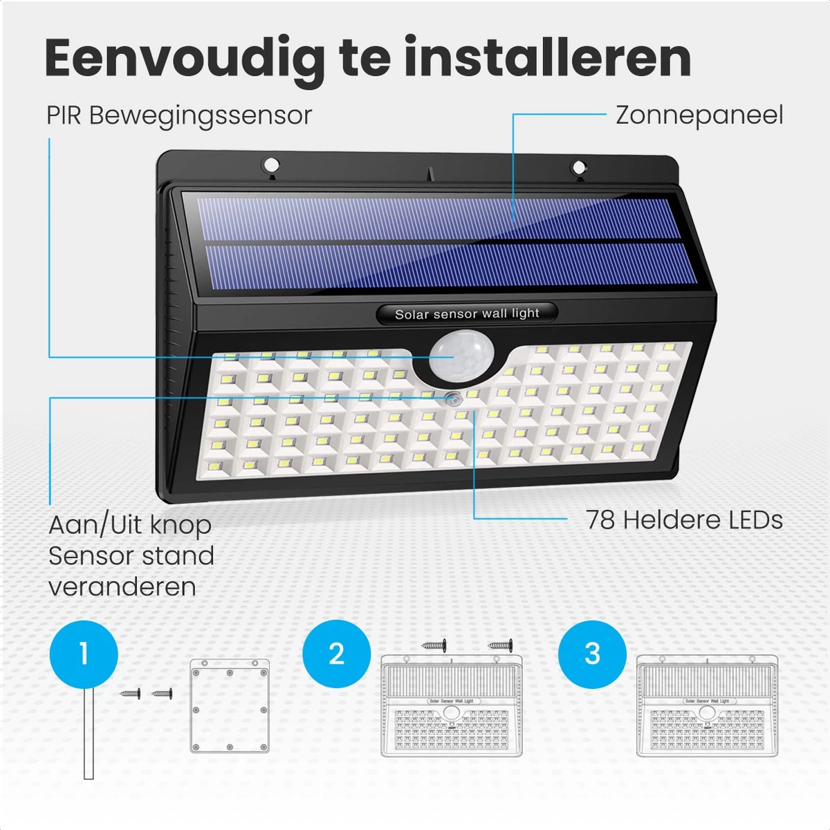 Auronic Buitenlamp - Zonne-energie - 2 Stuks - Bewegingssensor - 78 LED's - Wandlamp - IP65 - Zwart - Afbeelding 9