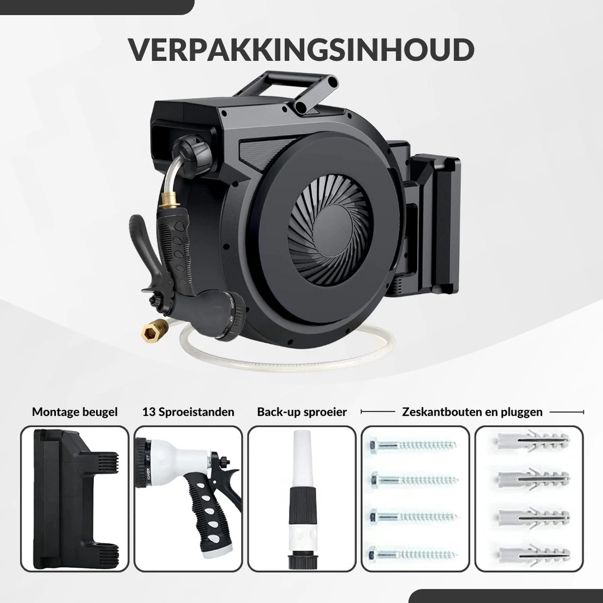 Buxibo - Wandslangenbox 20 Meter + 2 Meter - Tuinslang Met Haspel - 9 Sproei Standen - Slangenhouder 180° Draaibaar - Tuinslanghaspel Zwart+ Gratis Sproeier - Zwart - Afbeelding 5