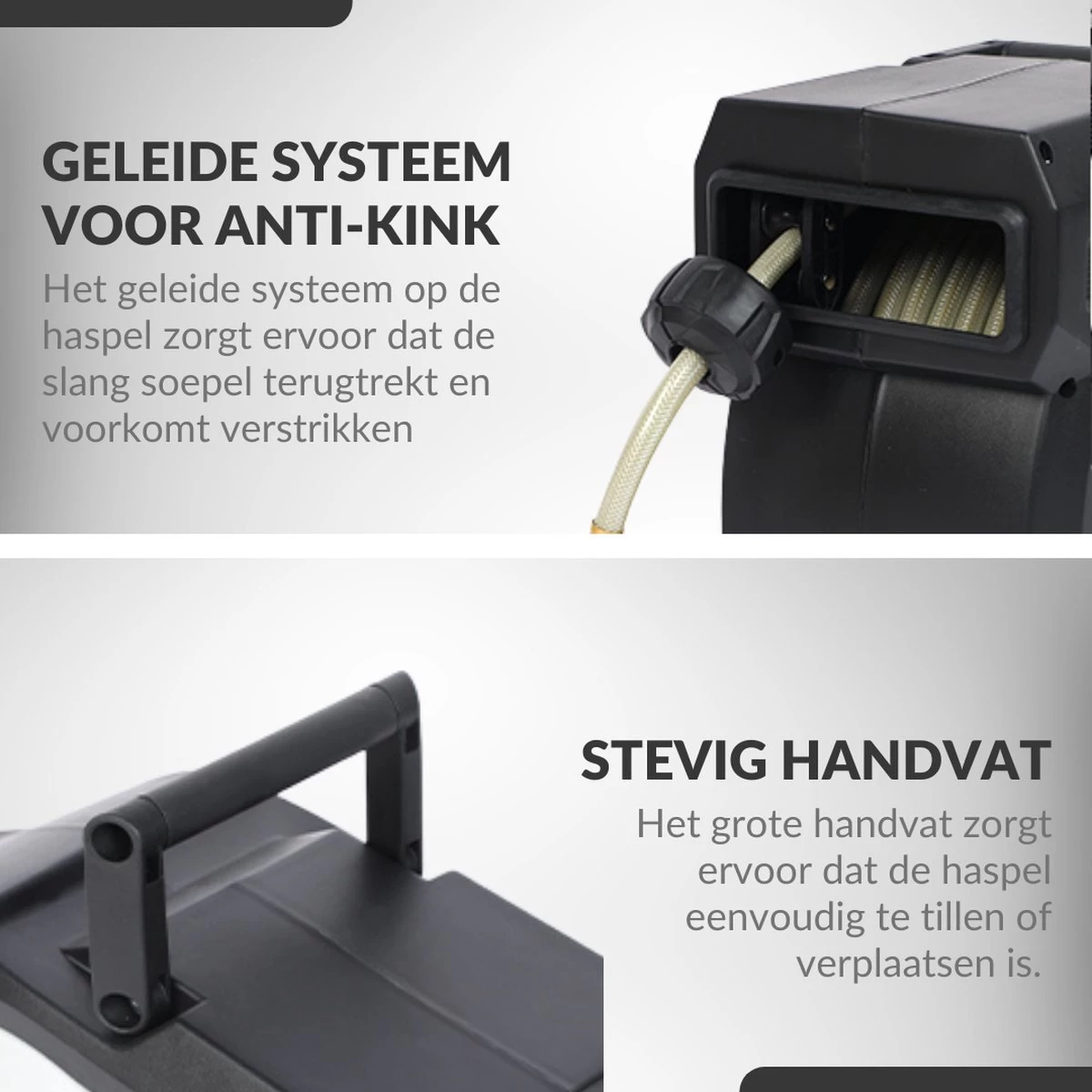 Buxibo - Wandslangenbox 20 Meter + 2 Meter - Tuinslang Met Haspel - 9 Sproei Standen - Slangenhouder 180° Draaibaar - Tuinslanghaspel Zwart+ Gratis Sproeier - Zwart - Afbeelding 7