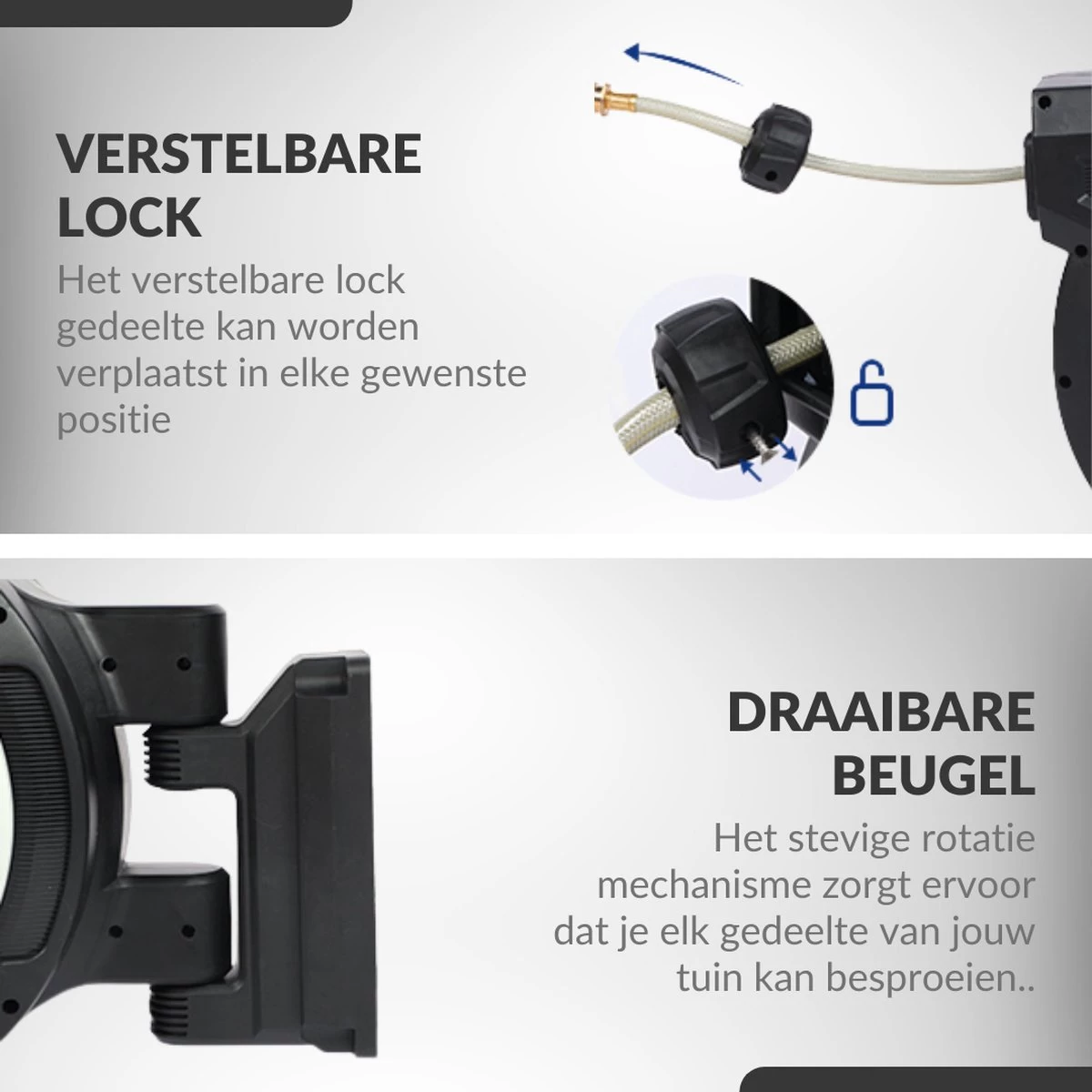 Buxibo - Wandslangenbox 20 Meter + 2 Meter - Tuinslang Met Haspel - 9 Sproei Standen - Slangenhouder 180° Draaibaar - Tuinslanghaspel Zwart+ Gratis Sproeier - Zwart - Afbeelding 10