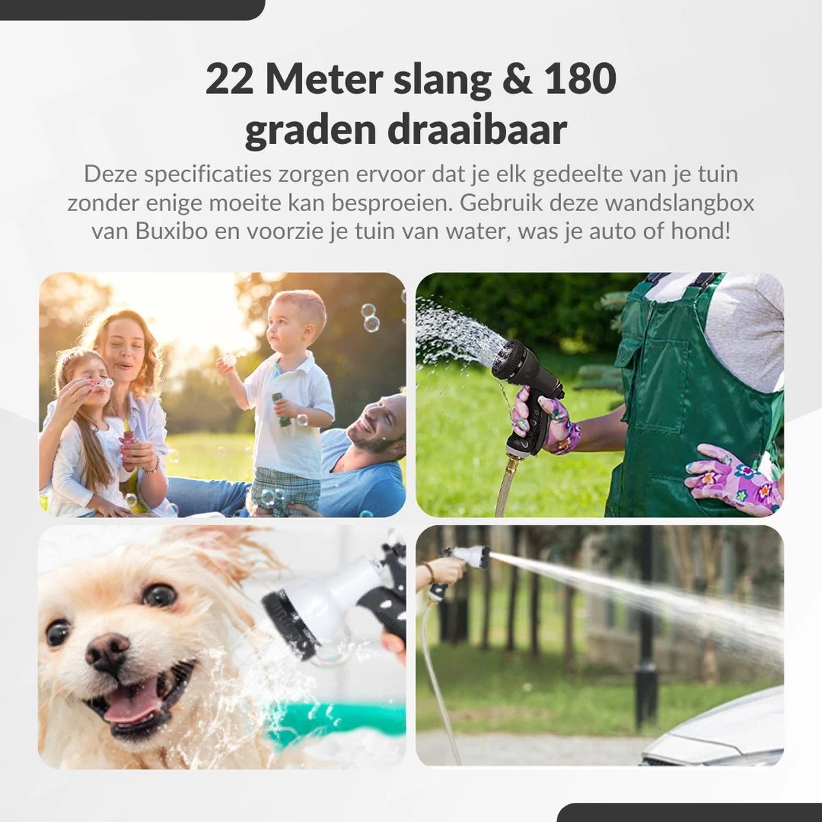 Buxibo - Wandslangenbox 20 Meter + 2 Meter - Tuinslang Met Haspel - 9 Sproei Standen - Slangenhouder 180° Draaibaar - Tuinslanghaspel Zwart+ Gratis Sproeier - Zwart - Afbeelding 14