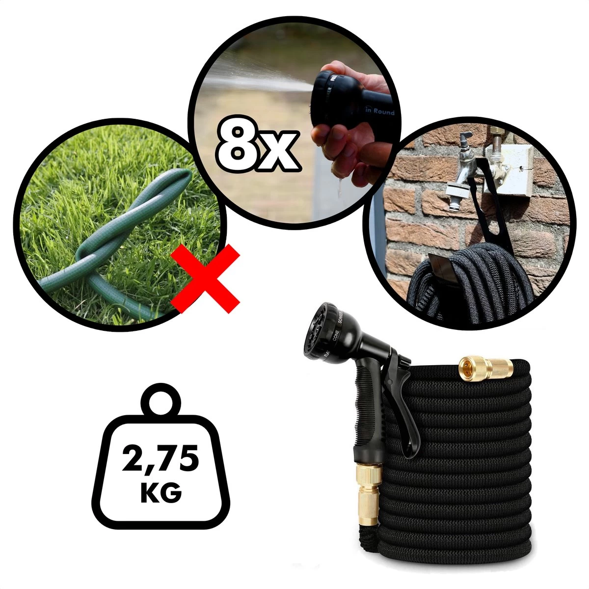 In Round Flexibele Tuinslang – 22,5 Meter – Sproeikop, Tuinslanghouder - Afbeelding 4