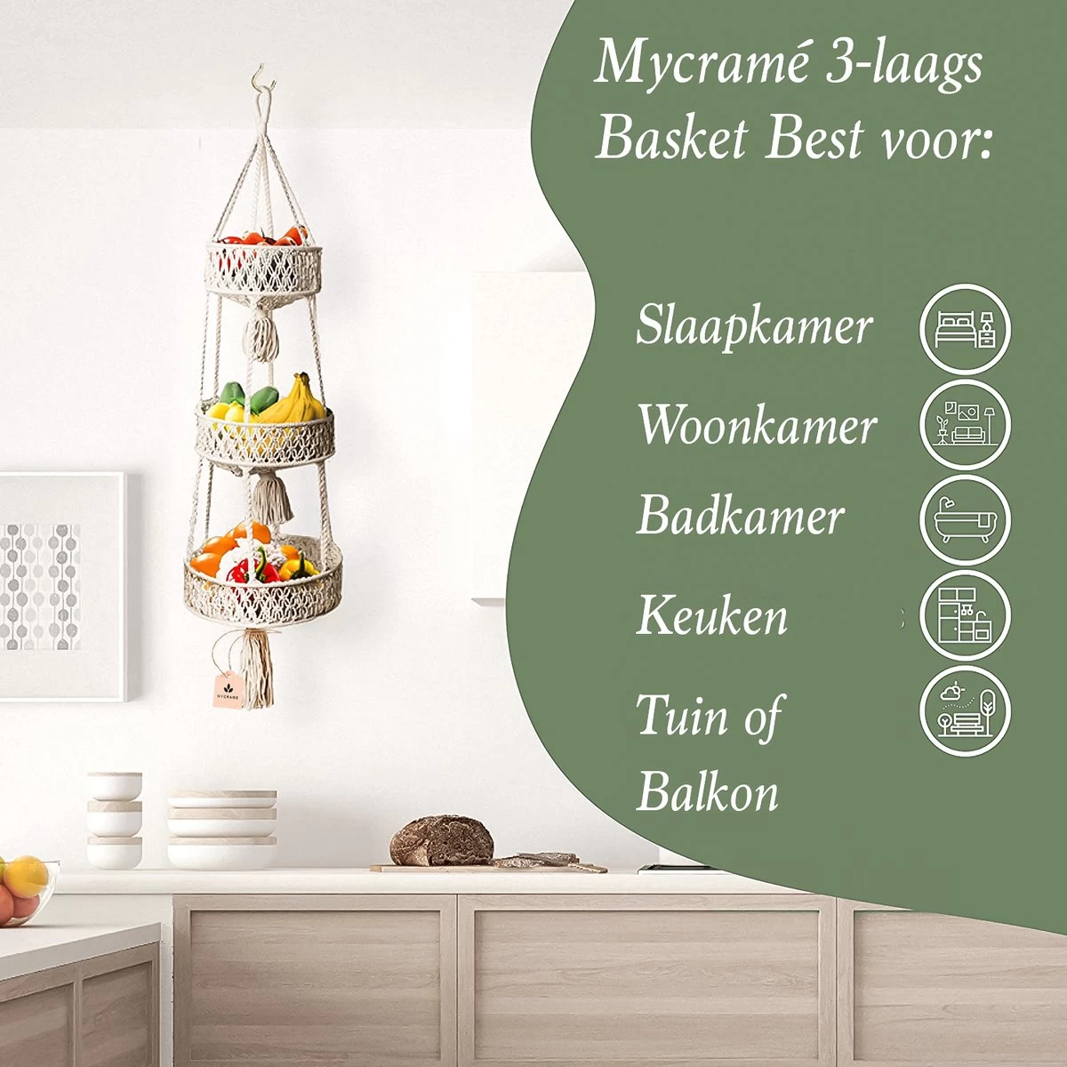 Macramé 3-Laags Hangende Fruitmand - Bohemian Mand Plantenhanger - Handgemaakt Katoen Touw Fruitschaal Hangmand - Boho Ophangbaar Etagere - Decoratieve Fruit Schaal/Basket - Opbergmand Organizer - Keuken/Balkon Decoratie - Hangpot Voor Binnen/Buiten - Afbeelding 2