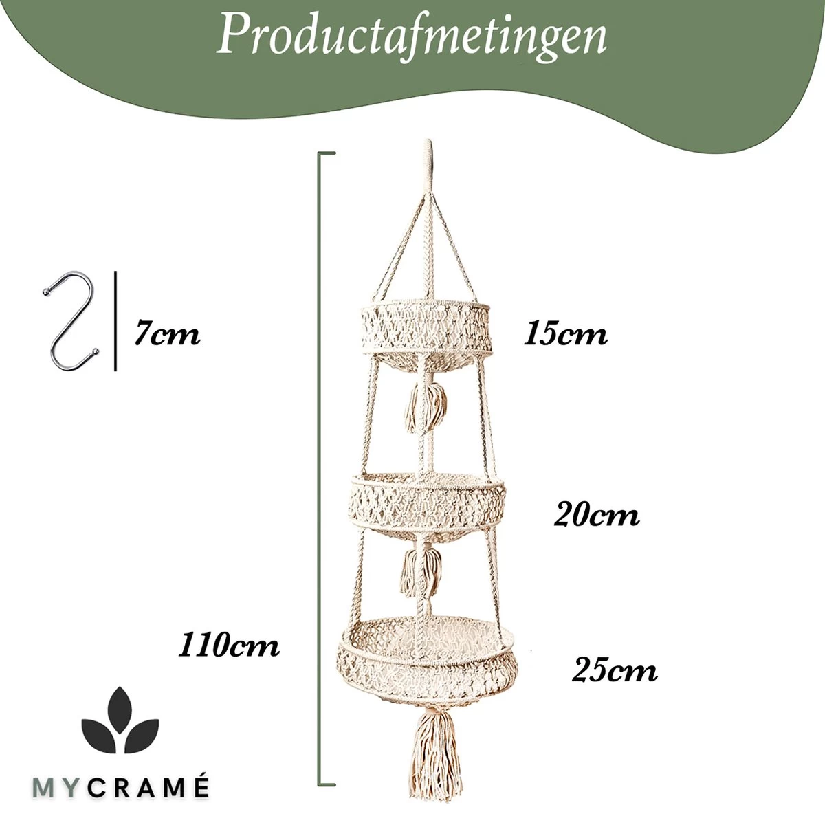 Macramé 3-Laags Hangende Fruitmand - Bohemian Mand Plantenhanger - Handgemaakt Katoen Touw Fruitschaal Hangmand - Boho Ophangbaar Etagere - Decoratieve Fruit Schaal/Basket - Opbergmand Organizer - Keuken/Balkon Decoratie - Hangpot Voor Binnen/Buiten - Afbeelding 7