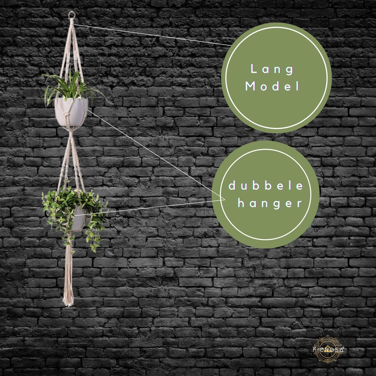 Plantenhanger Macrame Set Van 2 - Plantenhanger Met Ruimte Voor 3 Potten - Luxe Gevlochten Touw 100% Katoen - Duurzaam - Plantenbakken - Bloempotten - Macramé Stijl Hanger Voor Bloempotten - Hangpot - Fienosa - Afbeelding 2