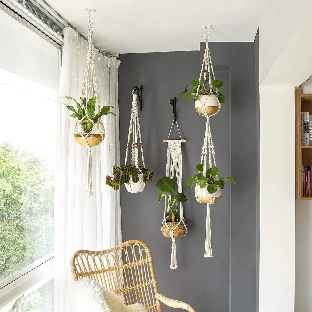 4 Stuks Plantenhangers - Boho Handgeweven Katoen Hangpot Voor Binnen/Buiten - Bloempot Met Kralen - Macramé Touw/Koord Hangplant Houder - Bohemian Wandhanger Decoratie - Verticale Tuin Plant Hanger Bloempothouder Planthanger Wit - Afbeelding 3
