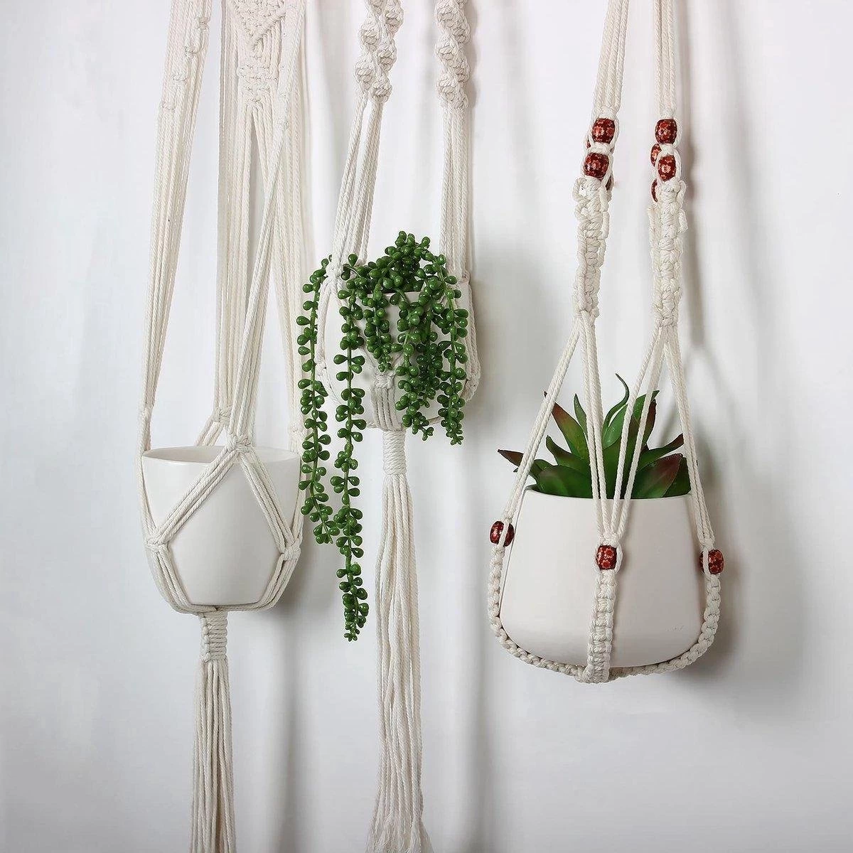 4 Stuks Plantenhangers - Boho Handgeweven Katoen Hangpot Voor Binnen/Buiten - Bloempot Met Kralen - Macramé Touw/Koord Hangplant Houder - Bohemian Wandhanger Decoratie - Verticale Tuin Plant Hanger Bloempothouder Planthanger Wit - Afbeelding 4