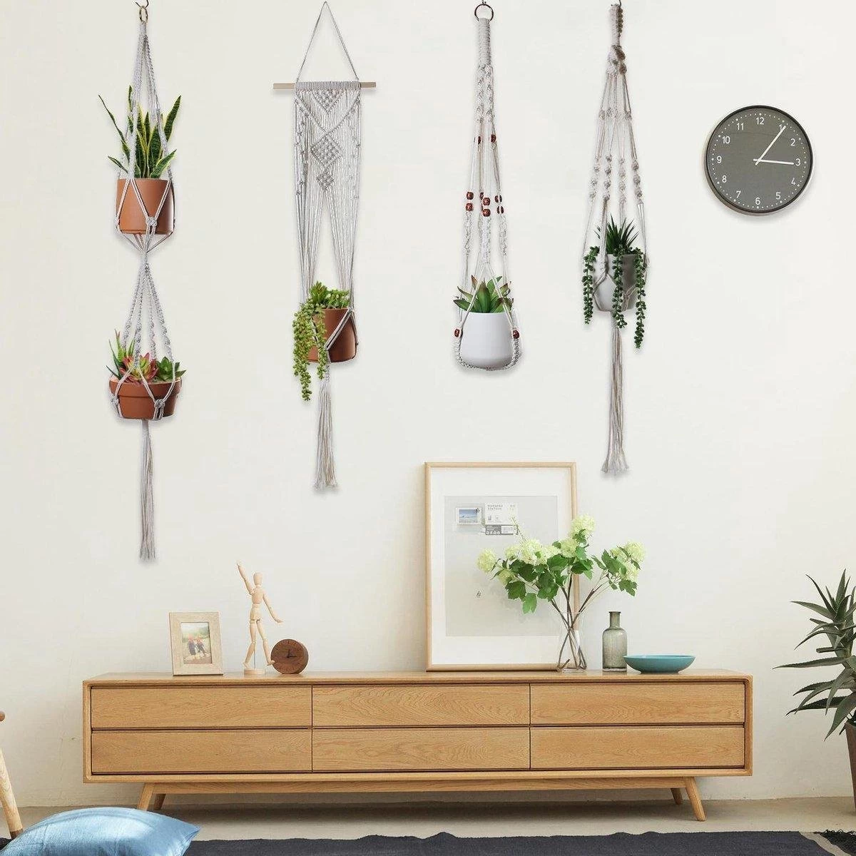 4 Stuks Plantenhangers - Boho Handgeweven Katoen Hangpot Voor Binnen/Buiten - Bloempot Met Kralen - Macramé Touw/Koord Hangplant Houder - Bohemian Wandhanger Decoratie - Verticale Tuin Plant Hanger Bloempothouder Planthanger Wit - Afbeelding 6