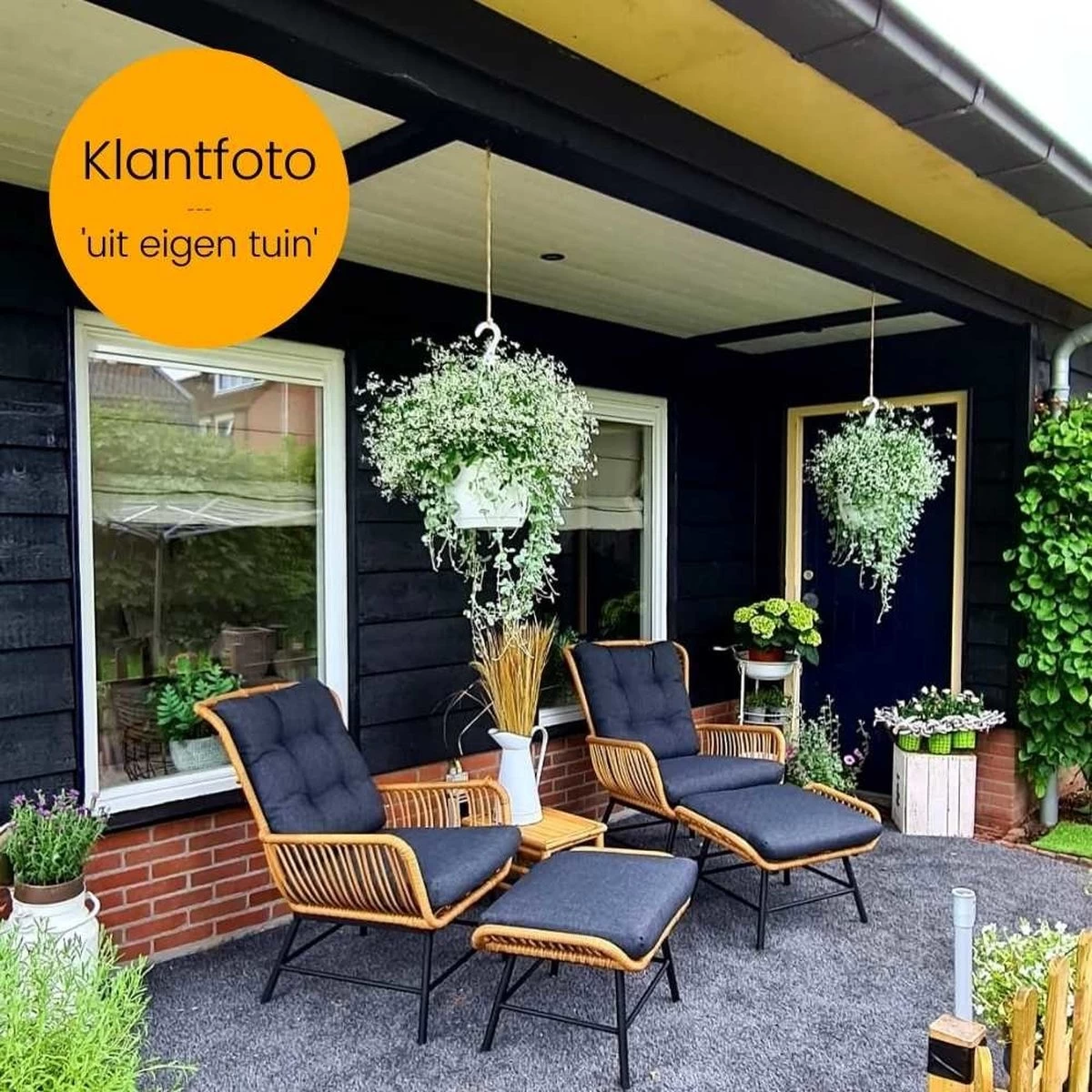 BUITEN Living Dex Wicker Loungestoel Tuin Incl. Wicker Voetenbank | Wicker + Aluminium | Bamboe Antraciet - Afbeelding 7