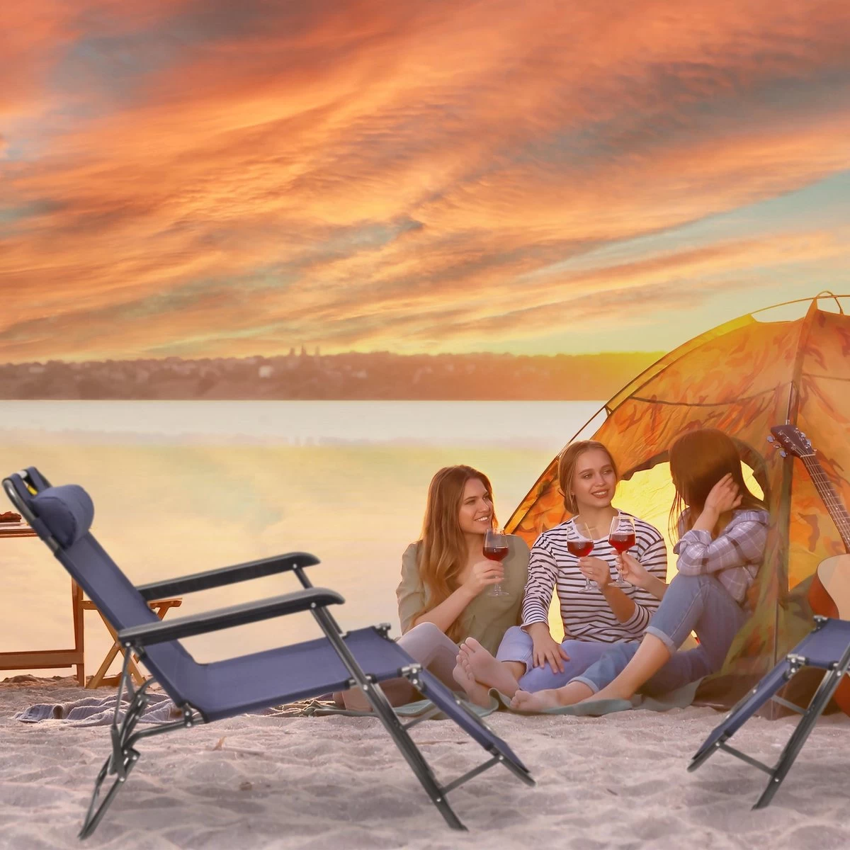 Relaxdays Ligstoel Inklapbaar - Ligbed Met Hoofdsteun - Strandstoel Verstelbaar - Camping - Donkerblauwe - Afbeelding 3