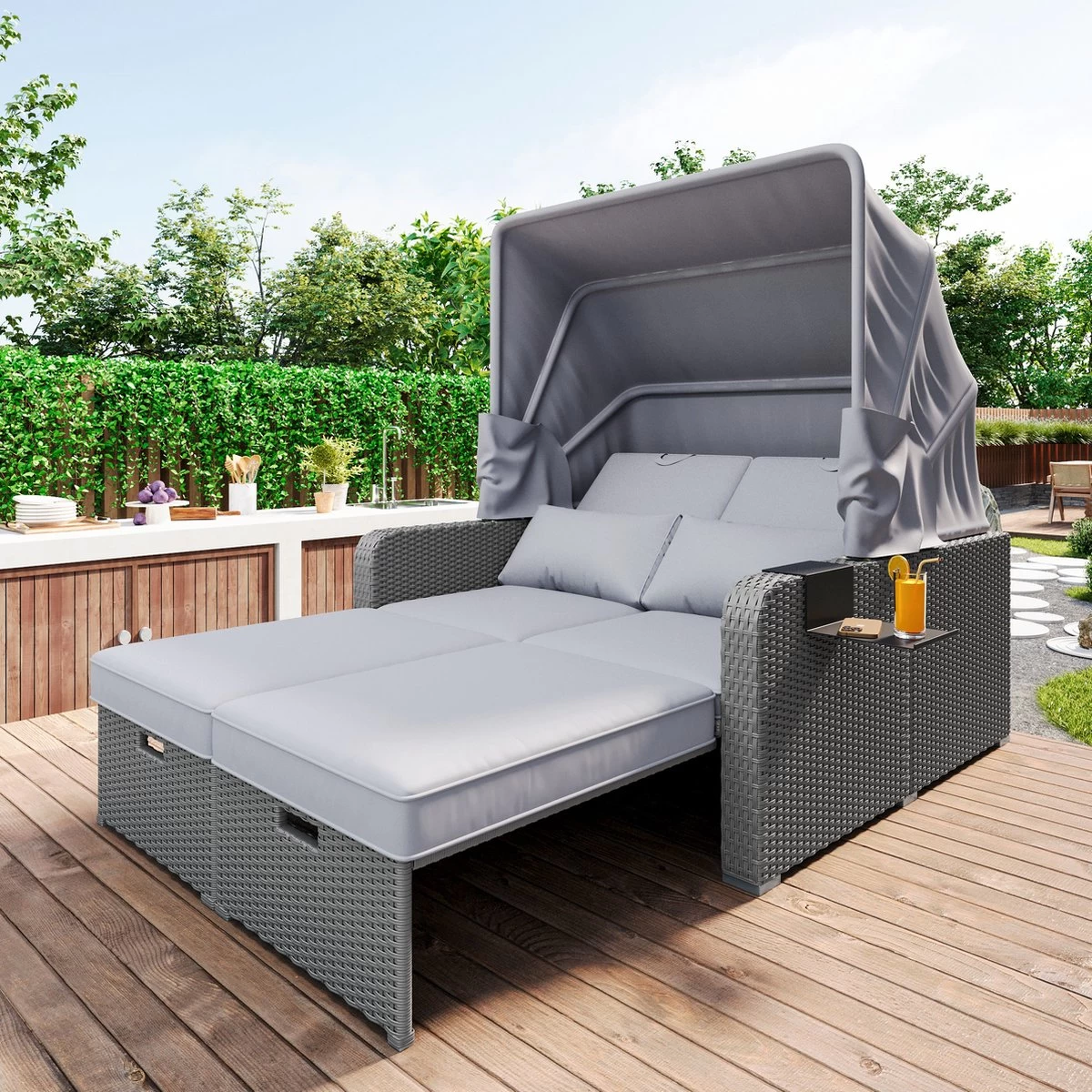 Polyrattan Patio Rieten Meubels Set Voor 2 Personen-Outdoor Rattan Sofa Set Met Intrekbare Luifel-lounge Bank-PE Rotan Loveseat Voor Achtertuin Veranda Tuin Zwembad Balkon-grijs