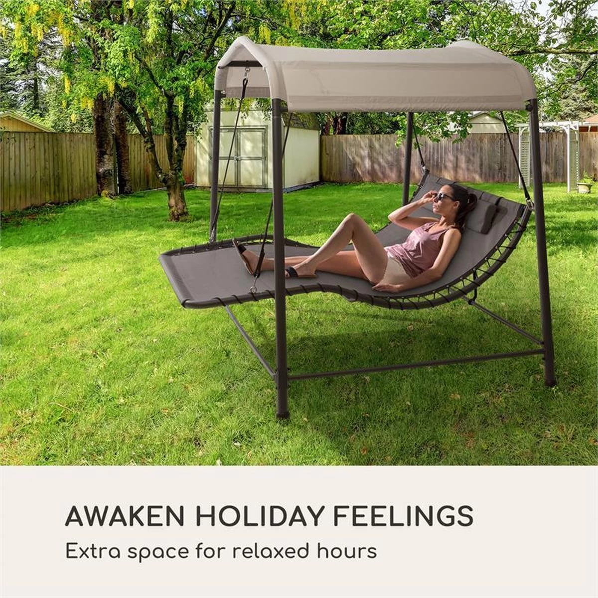 Blumfeldt Palermo Schommelbank - Hollywoodschommel 130 X 207 Cm - Ligbed Met Dak - Schommelstoel Voor 2 Personen - Tuinbank Inclusief Nekkussens - Stalen Frame En Polyester Dak - Grijs - Afbeelding 2