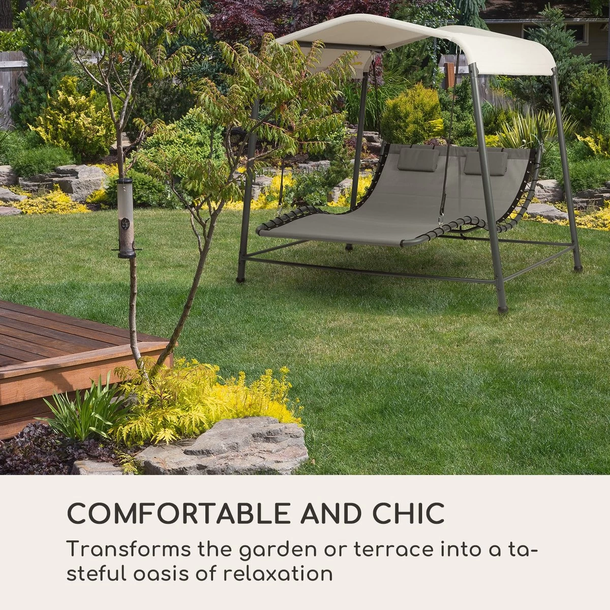 Blumfeldt Palermo Schommelbank - Hollywoodschommel 130 X 207 Cm - Ligbed Met Dak - Schommelstoel Voor 2 Personen - Tuinbank Inclusief Nekkussens - Stalen Frame En Polyester Dak - Grijs - Afbeelding 9