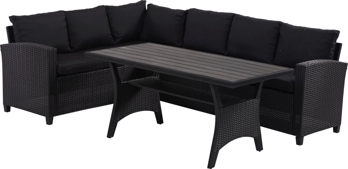 Rotan Loungeset Zwart 6 Pers Eettafel Kussens Weerbestendige Hoeklounge