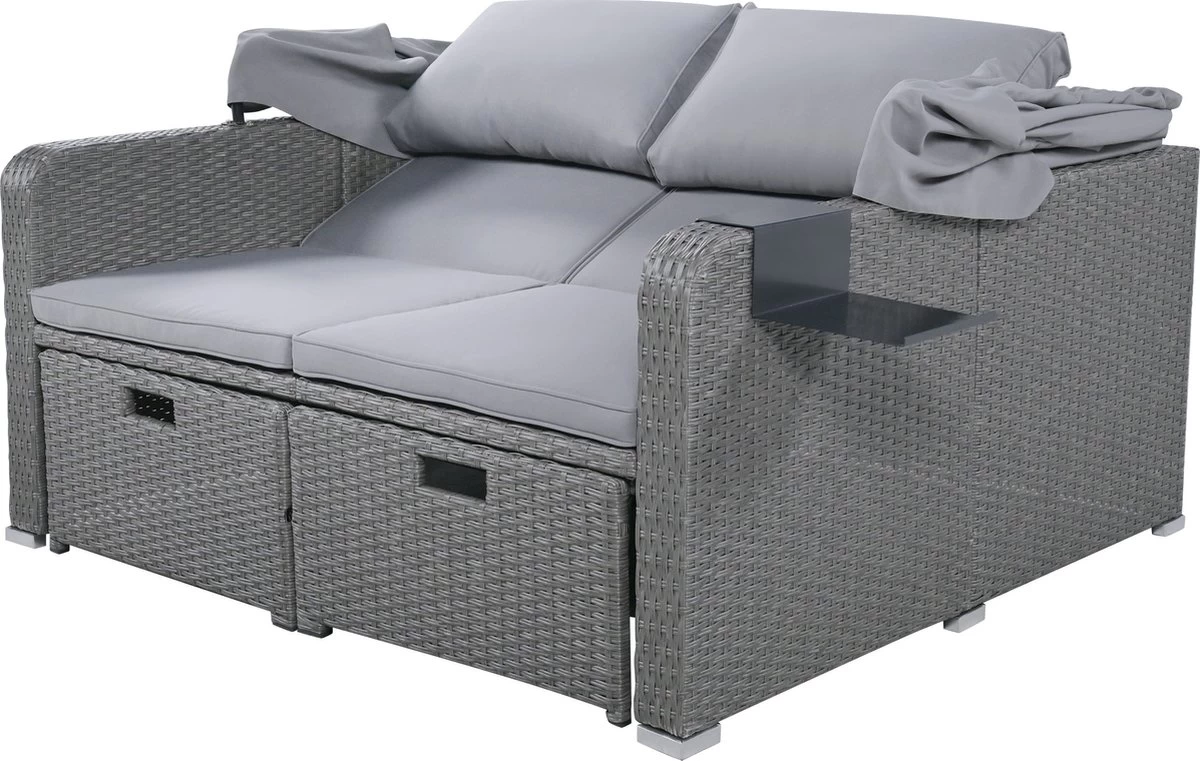 Polyrattan Patio Rieten Meubels Set Voor 2 Personen-Outdoor Rattan Sofa Set Met Intrekbare Luifel-lounge Bank-PE Rotan Loveseat Voor Achtertuin Veranda Tuin Zwembad Balkon-grijs - Afbeelding 12