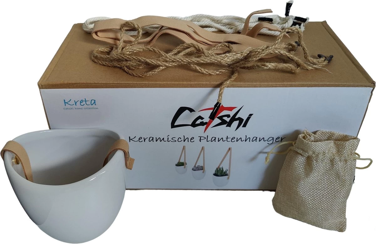 Merkloos Plantenhanger Keramiek – Set Van 3 – Steen- Hangpot – Hangende Bloempot Plantenpot Met 3 Verschillende Koorden – 12 X 11 X 9.5 Cm - Afbeelding 2