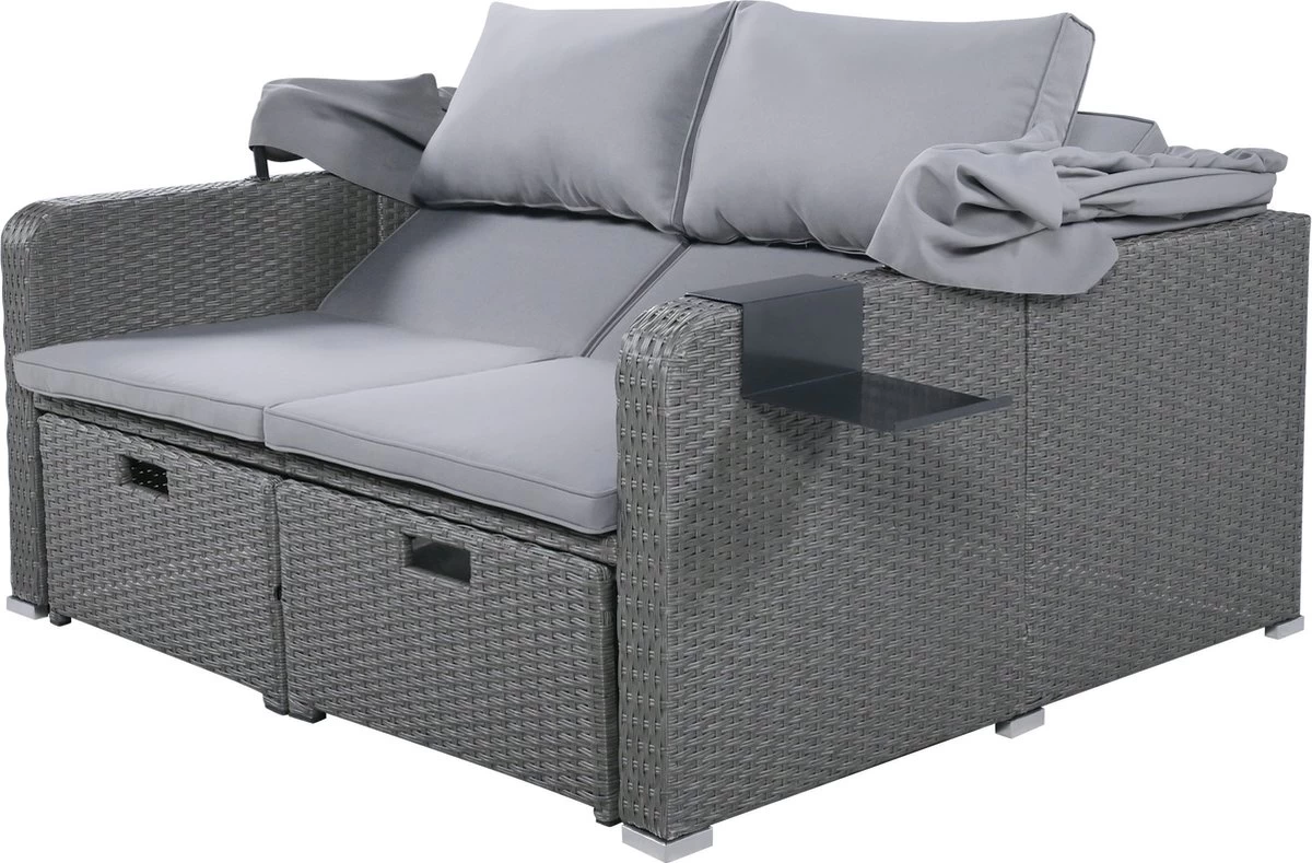 Polyrattan Patio Rieten Meubels Set Voor 2 Personen-Outdoor Rattan Sofa Set Met Intrekbare Luifel-lounge Bank-PE Rotan Loveseat Voor Achtertuin Veranda Tuin Zwembad Balkon-grijs - Afbeelding 16