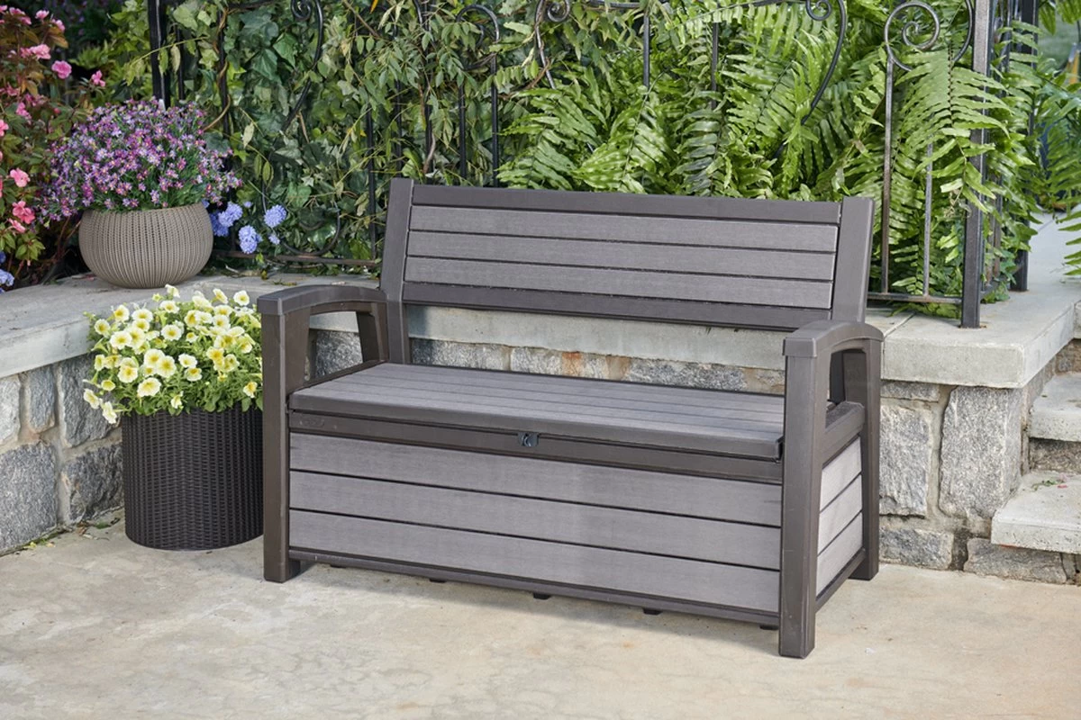 Keter - Hudson Bench Box - 2-zits Bank - Opbergbox - Hout Look & Feel - 227L - 138x63x89cm - Antraciet - Afbeelding 9