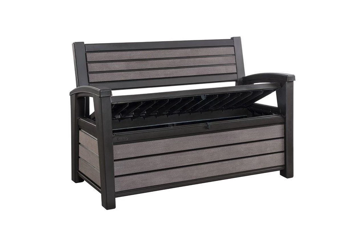 Keter - Hudson Bench Box - 2-zits Bank - Opbergbox - Hout Look & Feel - 227L - 138x63x89cm - Antraciet - Afbeelding 11