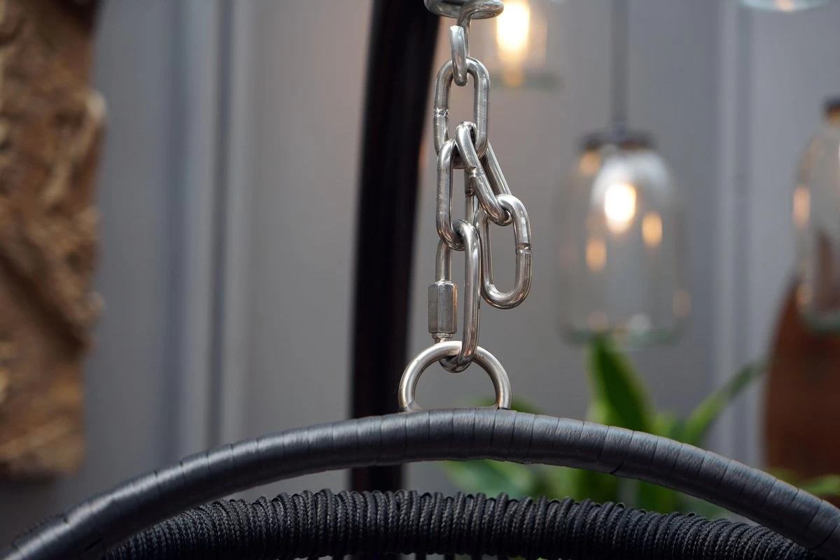 Merkloos Hangstoel Norway - Zwart Wicker & Touw Luxe Egg Hangstoel Met Dikke Antraciete Kussens Met Frame - Inklapbare Basket - Afbeelding 5