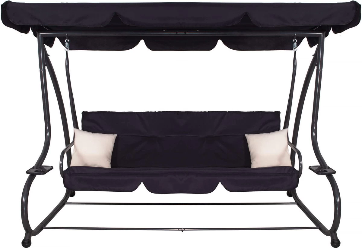 Springos Schommelbank | Linda-Schommel | 3-zits | Waterafstotend | Inclusief 2 Kussens | Verstelbare Luifel | 162 X 200 X 120 Cm | Zwart - Afbeelding 9