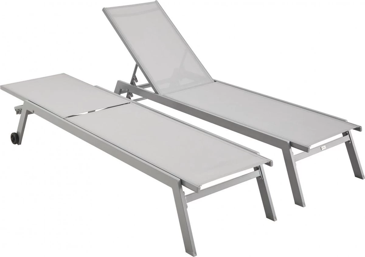 ELSA - Set Van 2 Ligstoelen Van Aluminium En Textileen, Ligbed Multipositioneel Met Wieltjes, Kleur Grijs/lichtgrijs - Afbeelding 5
