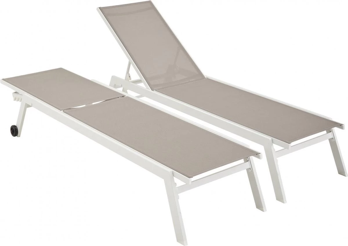 ELSA - Set Van 2 Ligstoelen Van Aluminium En Textileen, Ligbed Multipositioneel Met Wieltjes, Kleur Wit/taupe - Afbeelding 4
