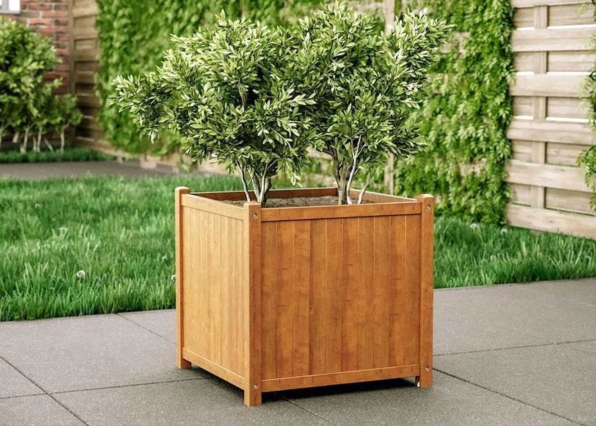 Houten Plantenbak Met Wieltjes 50x50 - Geolied Duurzaam FSC Acaciahout – Bloembak Buiten - Plantenbakken Buiten - Perfecthomeshop - Afbeelding 6