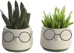 2x Bloempot Met Gezicht - Ø8 X H6,5 Cm - Bloempotten Voor Binnen Met Bril/Face/Hoofd