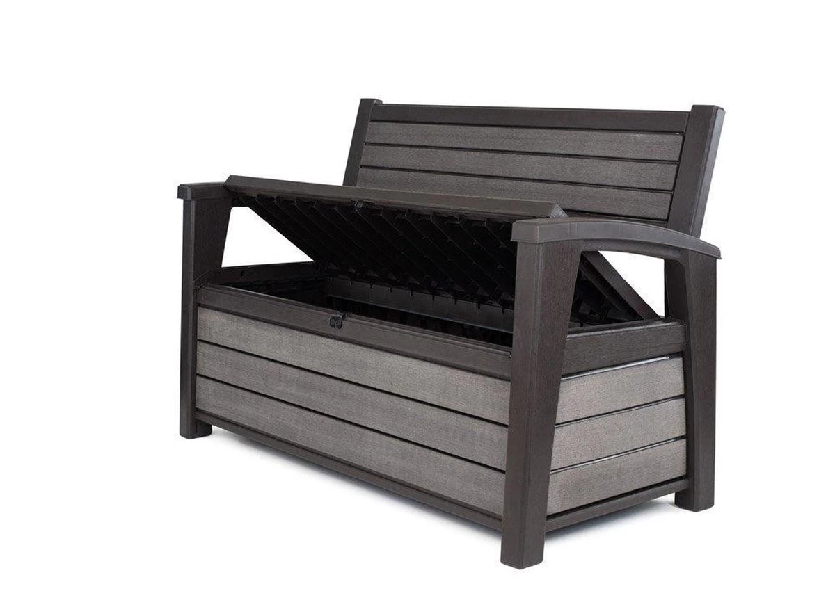 Keter - Hudson Bench Box - 2-zits Bank - Opbergbox - Hout Look & Feel - 227L - 138x63x89cm - Antraciet - Afbeelding 8