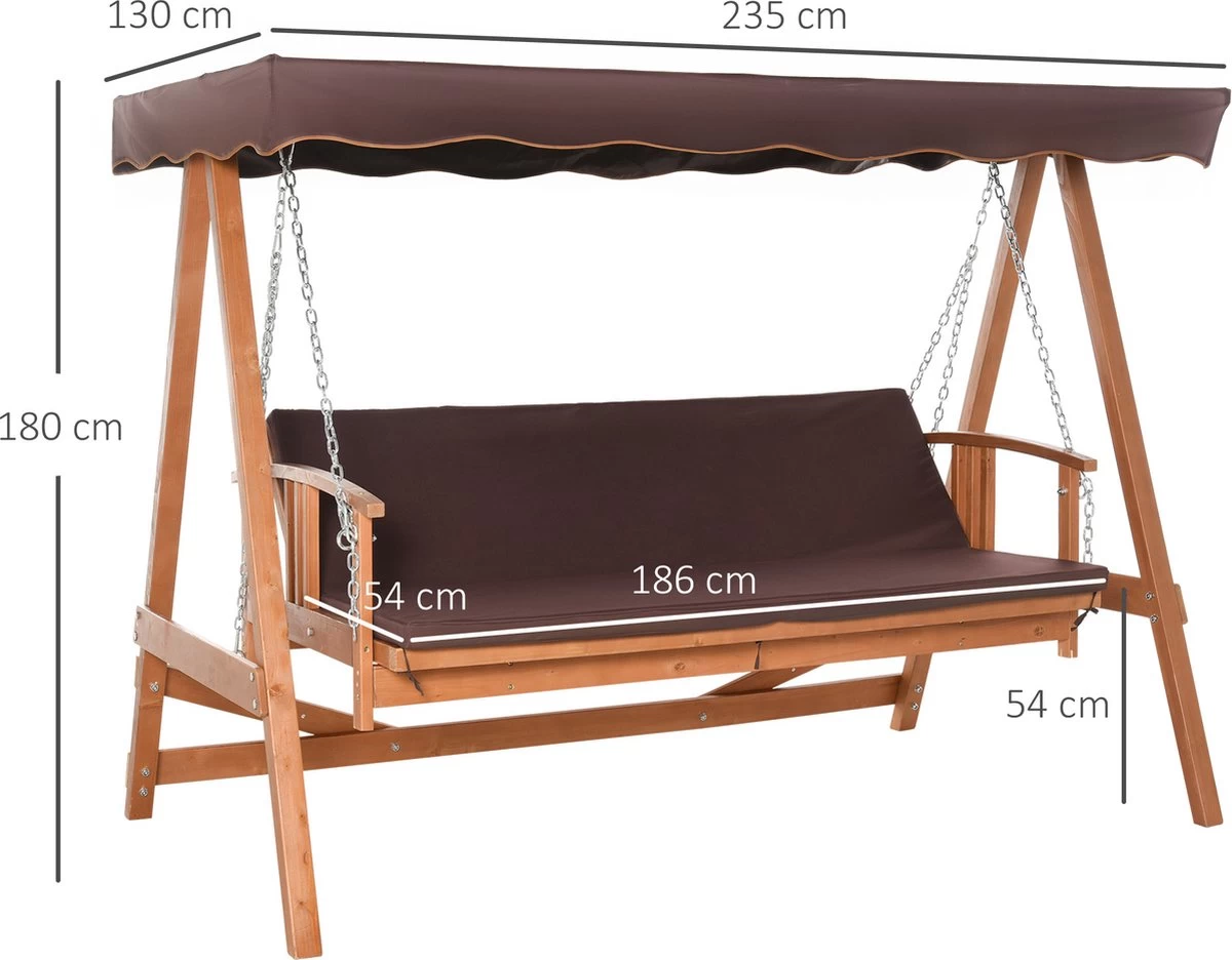 Outsunny Hollywoodschommel Hout Tuinschommel Schommelbank Ligfunctie 3 Personen 84A-185 - Afbeelding 4