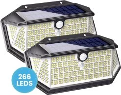 HappyLEDS Solar Wandlamp Met Bewegingssensor - Solar Tuinverlichting - Buitenlamp Met 3 Standen - Wandlamp Buiten - 266 Leds - 2 Stuks - Zwart - 18,5 CM