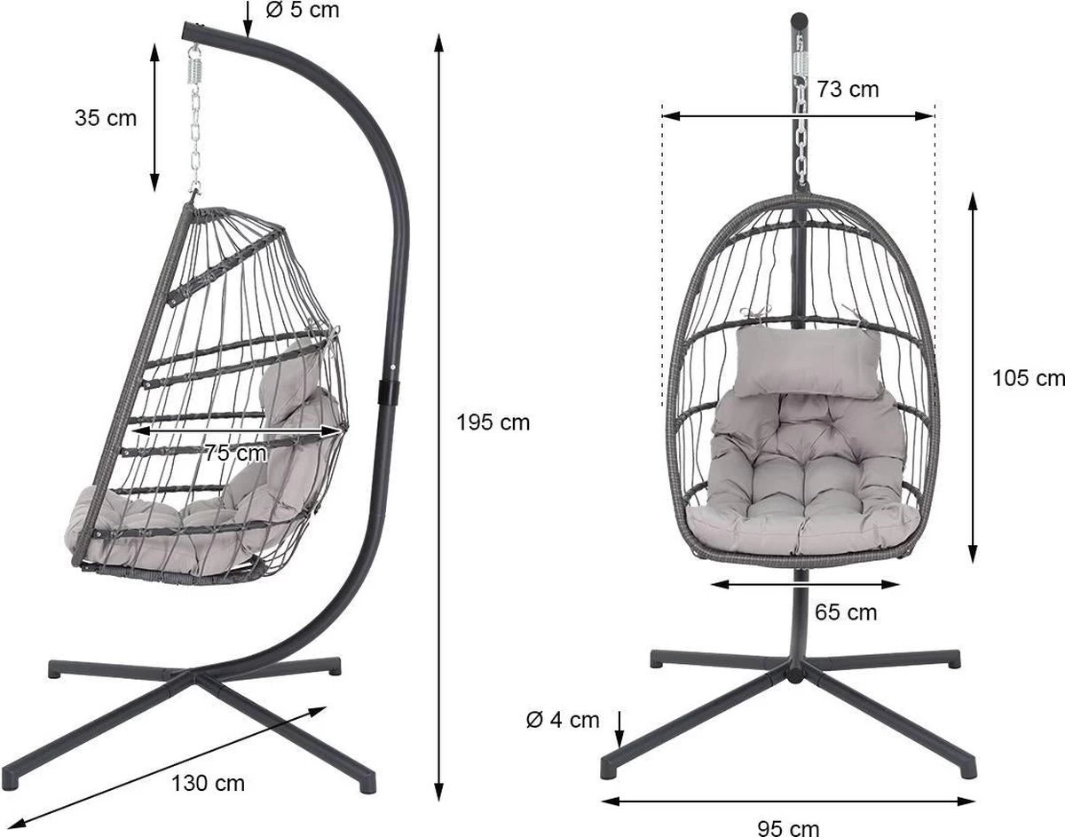 Pro Garden Lowander Hangstoel Egg 191x126x126- Schommelstoel Met Rattan Cocoon En Robuust Stalen Standaard Incl. Kussens - Volledig Inklapbaar - Lichtgrijs - Afbeelding 13