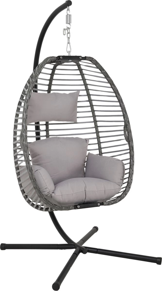 Pro Garden Lowander Hangstoel Egg 191x126x126- Schommelstoel Met Rattan Cocoon En Robuust Stalen Standaard Incl. Kussens - Volledig Inklapbaar - Lichtgrijs