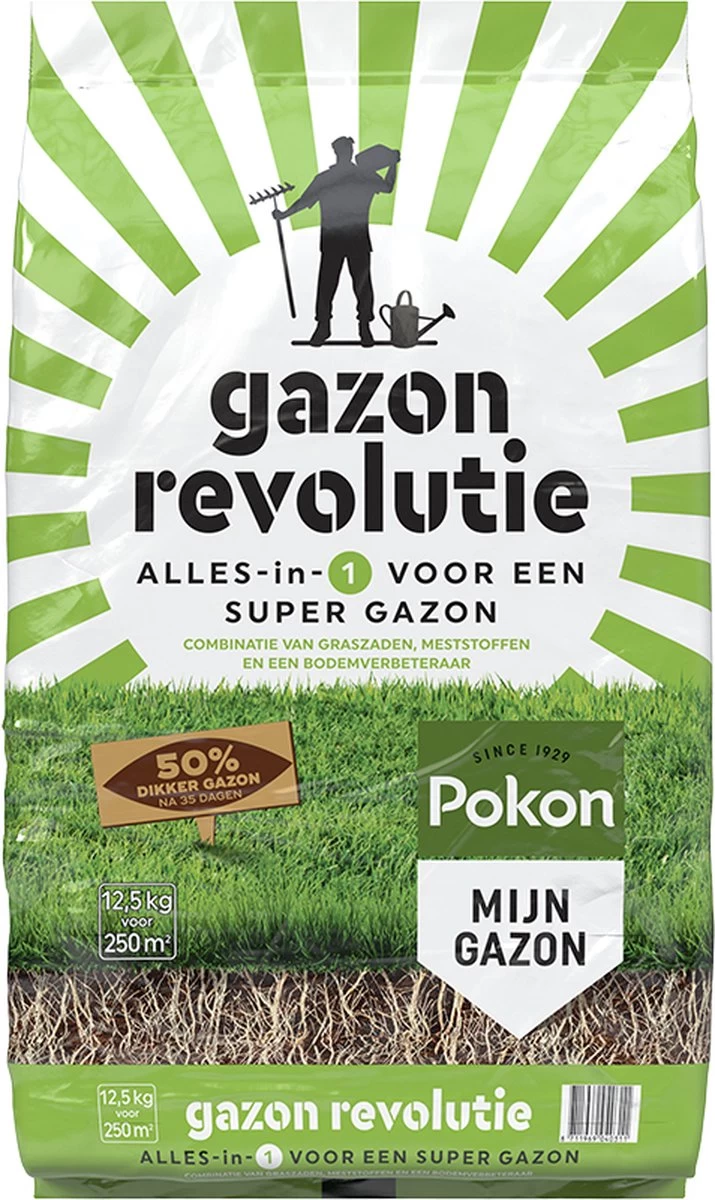 Pokon Gazon Revolutie - 12,5kg - Gazonmest / Graszaad / Bodemverbeteraar - Geschikt Voor 250m² - Binnen 15 Dagen Resultaat